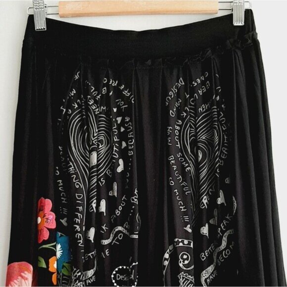 DESIGUAL \ Pleated Pull-On Elastic Waist Soft Knee Length Skirt Floral Black M - Picture 3 of 15